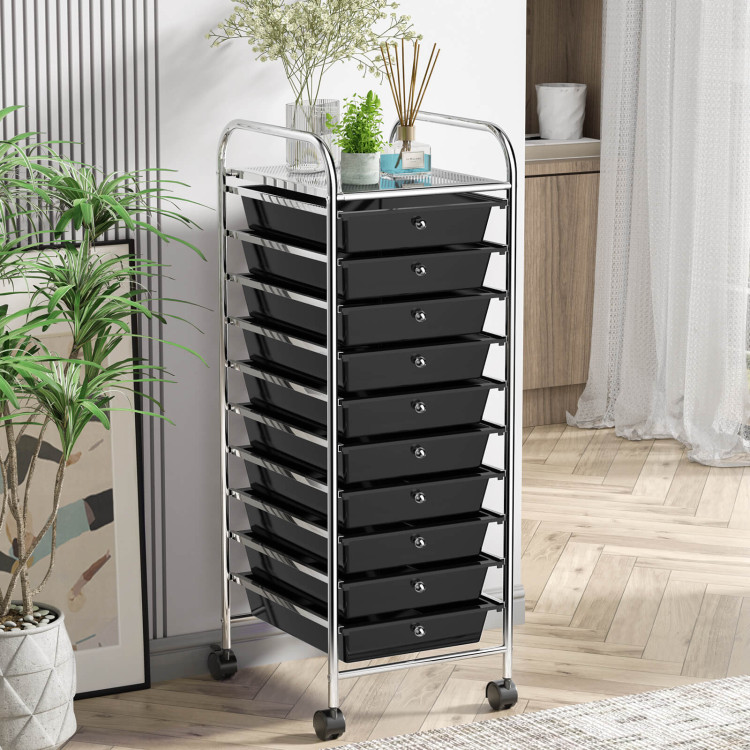 10 Drawer Rolling Storage Cart Organizer with 4 Universal Casters-Black - Gallery View 3 of 11